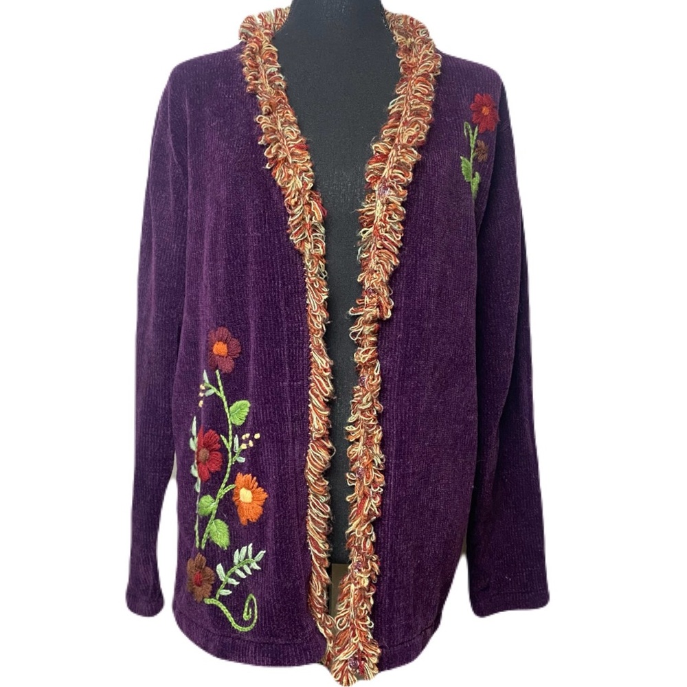 Vintage JTwo New York Chenille Knit Purple Floral Embroidered Cardigan Women's L